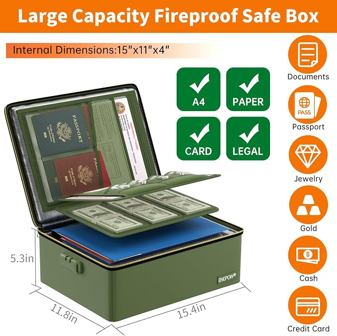 ENGPOW Fireproof Document Box with Lock & Heat-Resistant Fireproof Zipper | 6400°F 12-Layer Fire Protection, Hard File Organizer with Pockets, Portable Home Chest Safe Storage for Money,Jewelry, Green