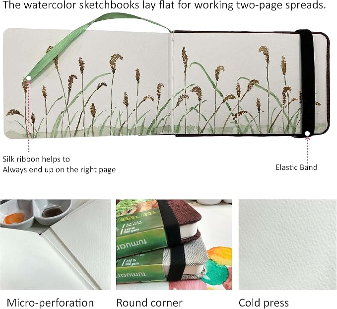 tumuarta Watercolor Journal, 140 LB, 300 GSM, Cotton Paper, Cold Press | 3.5x5.5”, 24 Sheets, 48 Pages, Watercolor Paper Sketchbooks For Use As Travel Notebook and Mixed Media Pad On The Go