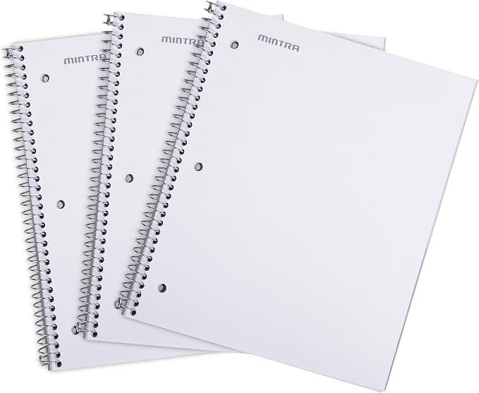 Mintra Office Durable Spiral Notebooks, 1 Subject, (White, Wide Ruled 3 Pack), 100 Sheets, Poly Pocket, Moisture Resistant Cover, Strong Chipboard back, For School, Office, Business