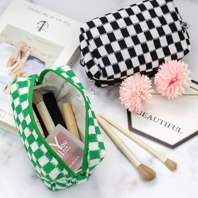 Checkered Makeup Bag for Purse, Small Travel Cosmetic Pouch,Green,2 Pack | Cute Zipper Makeup Organizer for Women, Travel Essentials, Toiletries, Makeup Brushes, Beauty Accessories&Bridesmaid Gifts