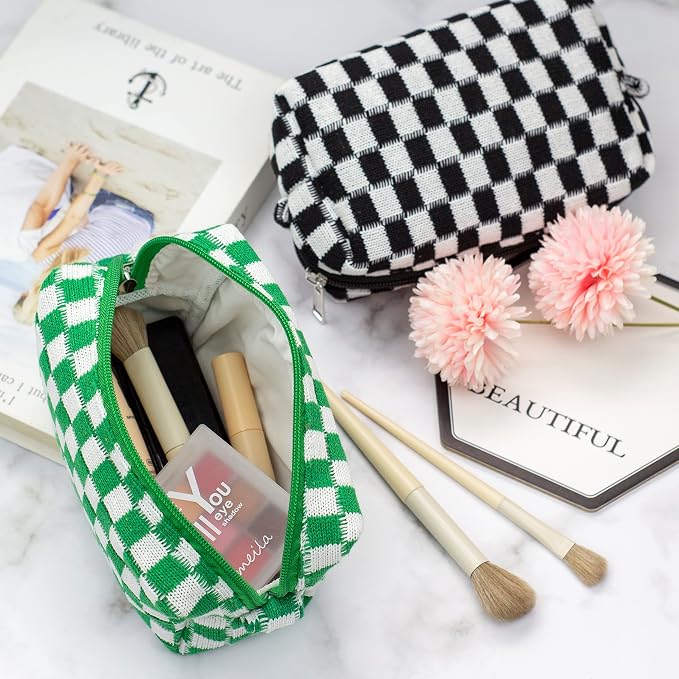 Checkered Makeup Bag for Purse, Small Cosmetic Pouch,Black Green,2 Pack | Cute Zipper Makeup Organizer for Women, Travel Essentials, Toiletries, Makeup Brushes, Beauty Accessories&Bridesmaid Gifts