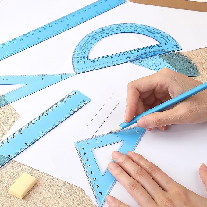 Tenare 1 Set Plastic Clear Math Set Includes Protractor Triangle Rulers 12 Inch 6 Inch Straight Geometry Math Transparent Ruler Measuring Tool for School Office Home Supplies(Blue)