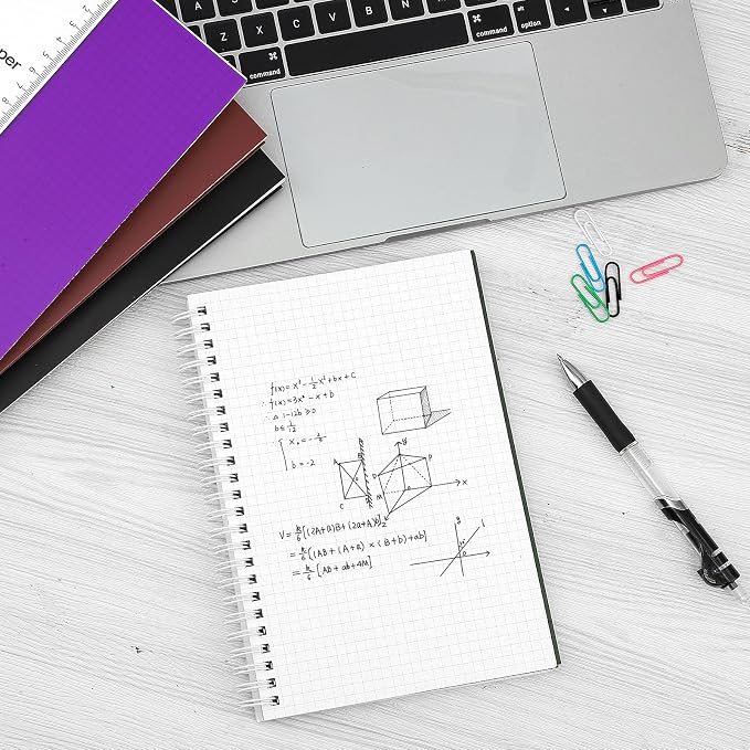 BESARME 4 Pack A5 Graph Paper Notebooks, 5.7 x 8.22 in, 100 GSM | Grid paper notebooks, 160 pages, waterproof plastic cover, twin-wire spiral, 5x5 mm grid, lays flat for school work sketching