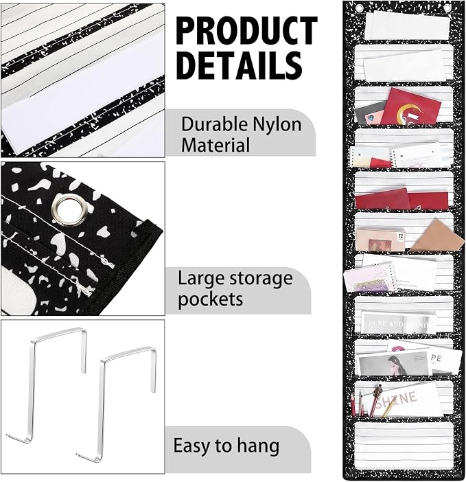 MotiMind Black Spots 10 Pockets Wall Hanging File Folders File Storage Pocket Chart for Classroom Hanging Wall Organizer with 2 Over The Door Hangers, 58" x 14" for School Classroom Office Home