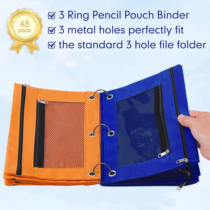 Leelosp 48 Pack Pencil Pouch for 3 Ring Binder Mesh Zipper Pencil Case Bags Binder Pouches Bulk for School Writing Utensils Storage Supplies (Blue,Orange)