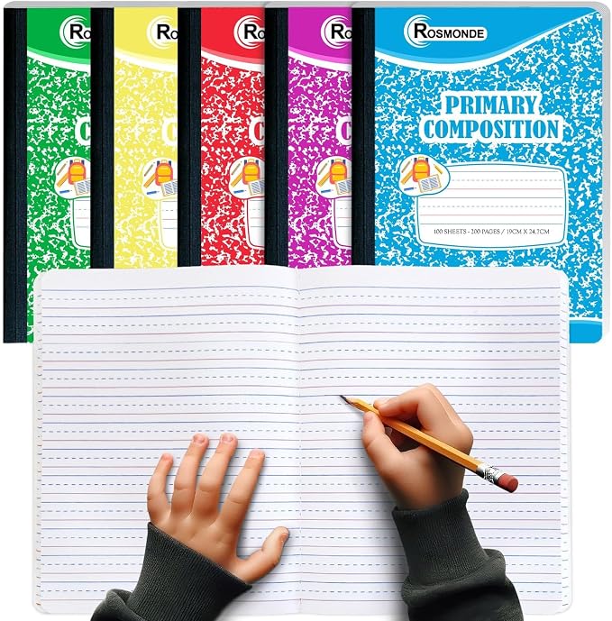 Rosmonde Bulk Primary Ruled Composition Notebooks, 100 Pack, 100 Sheets | Bulk Writing Journals, 200 Pages (100 Sheets), 9-3/4" x 7-1/2", Grades K-2, Hardcover, Bulk Primary Ruled Assorted Marble
