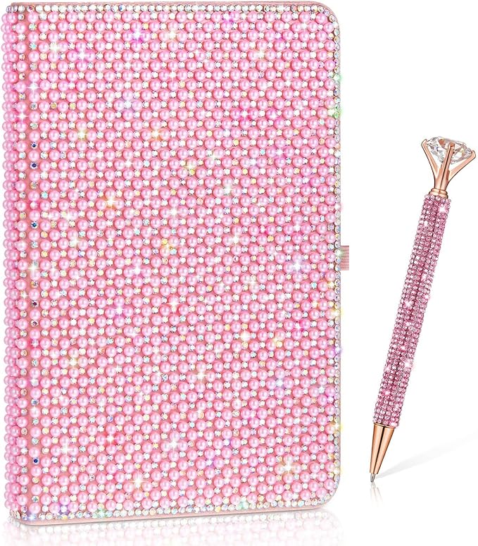 Resholder Rhinestone Pen & Glitter Notebook Set, Hard Cover Bling Diary Journal for Girls, Cute School Supplies for Back to School, Sparkly Desk Accessories Gift for Women(Pearl,A5,Pink)