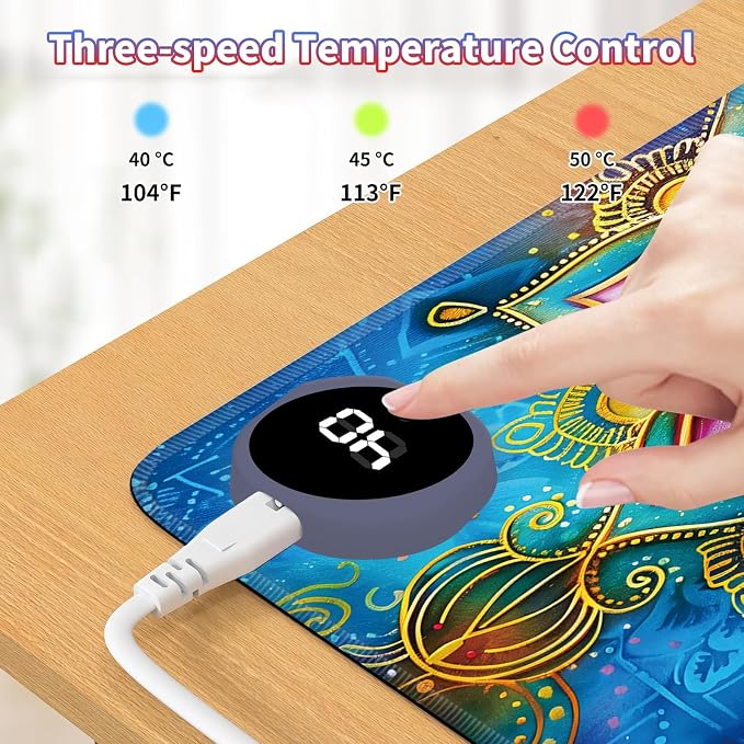 Heated Desk Pad Large Mouse Pad 23.6 x 14.1 inch with 3 Levels Heating & Auto Shut-Off Warm Mouse pad PU Leather Computer Mousepad for Home Office Work - Colorful Lotus Flowers