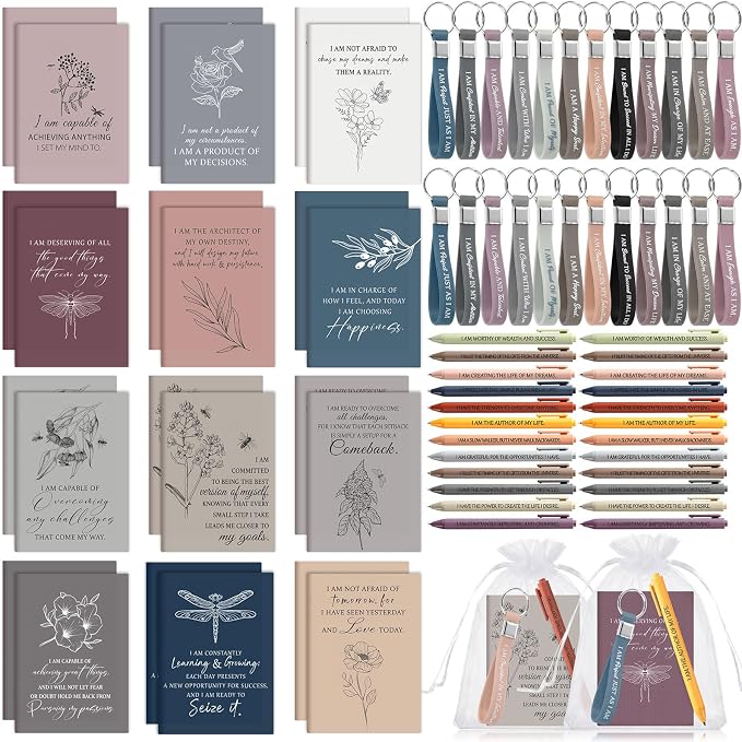 Mooliwe 12 Set Positive Affirmation Gift Set Gratitude Notebooks with Pens Keychains Small Bags Motivational Party Favors for Adult Women Coworkers Employee Group (Flower)