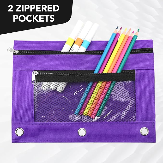 3 Ring Pencil Pouch for Binder, 2-Pocket Zipper Pencil Case with Clear Window & Mesh Pocket, Heavy Duty 600D Oxford Fabric Binder Pouch for School Office Supplies, Fits Standard 3-Ring Binders, Purple