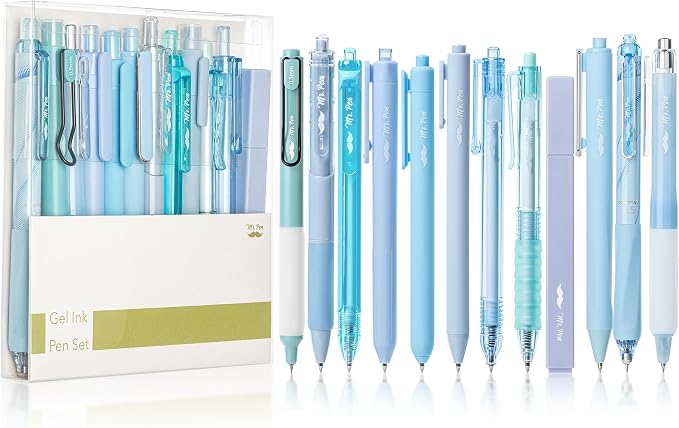 Mr. Pen- Pastel Blue Gel Pens Set, 12 Pack | Black Ink Cute Writing Pens with 1 Aesthetic Highlighter, 0.5 mm, Smooth Gel Pens for Journaling, Aesthetic Girly Stationery