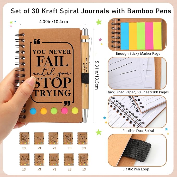 Tenceur 30 Sets Inspirational Spiral Notebooks with Sticky Note Pen Bulk, Back to School Employee Appreciation Gifts for Teacher Motivational Journals Thank You Gifts for Students Team Coworkers