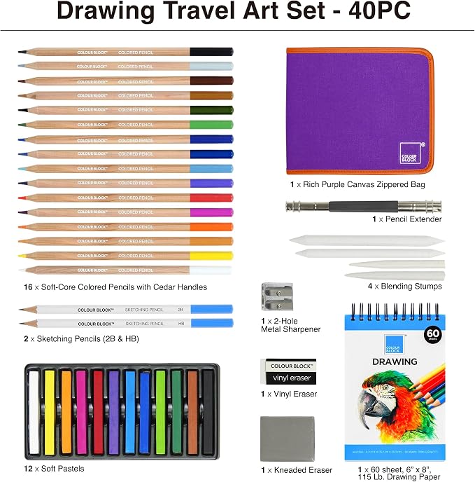 COLOUR BLOCK 40-Piece Drawing Travel Art Set – Portable Sketch and Drawing Art Kit with 16 Colored Pencils, 12 Soft Pastels, 2 Sketching Pencils, 8 Tools, Pad, Zip Case for Beginners, Artists, Adults