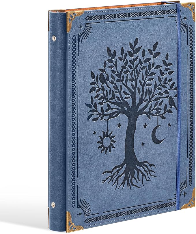Ovesmusl Leather 3 Ring Binder Fits 8.5"x11" Letter Size Paper, 1 Inch Round Ring Binder Holds 200 Sheets, Notebook Cover Loose Leaf Organizer, Blue Tree