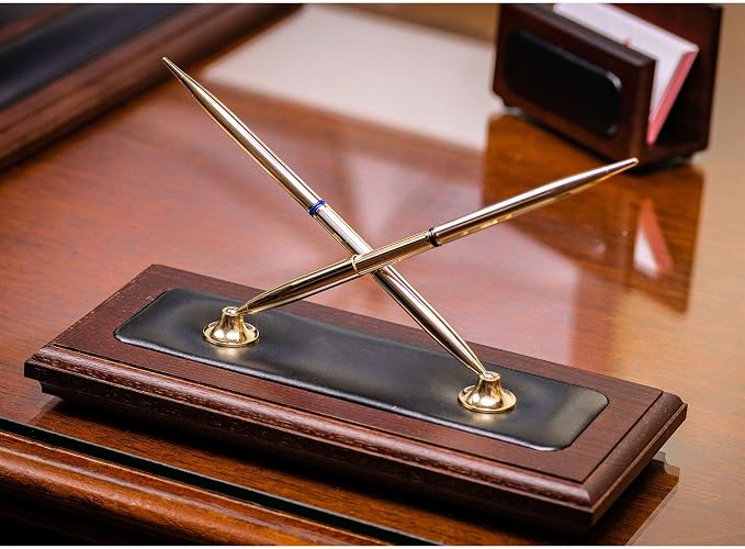 Dacasso Luxury Walnut & Black Leather Double Pen Stand with Rolling Ball Pen - Executive Desk Decor and Elegant Organizer