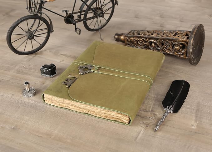 Leather Journal with Deckle Edge Paper 8x6 inch and Vintage Key | Handmade Writing Notebook Diary | Bound Daily Notepad for Men & Women Medium, Sketch/Writing pad for Artists