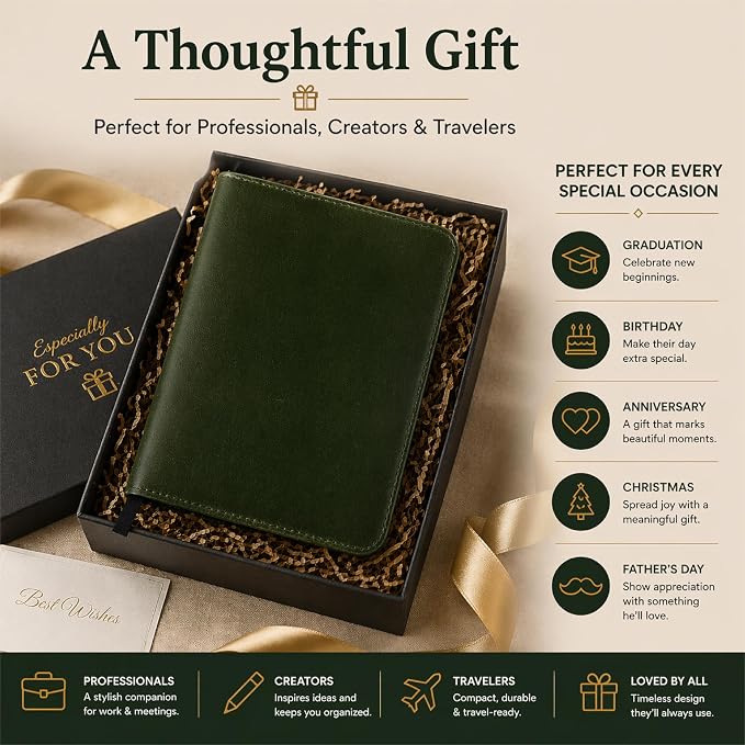Premium Leather Journal Cover A5 – Handmade Refillable Notebook Cover Sleeve with Pen Holder for Writing, Travel & Business Use 5.75 x 8.25 (Green)