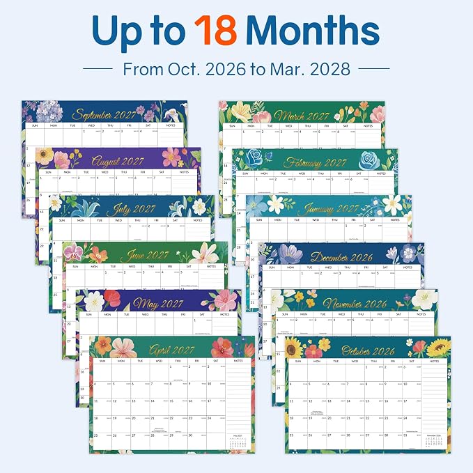 SUNEE Desk Calendar 2027 - 17" x 12" Desk Pad Calendar, 18-Month Monthly Planner Oct. 2026 - Mar. 2028, Desktop Calendar with 308 Planner Stickers, Plastic Protective Corners for Office, School and Home, Floar