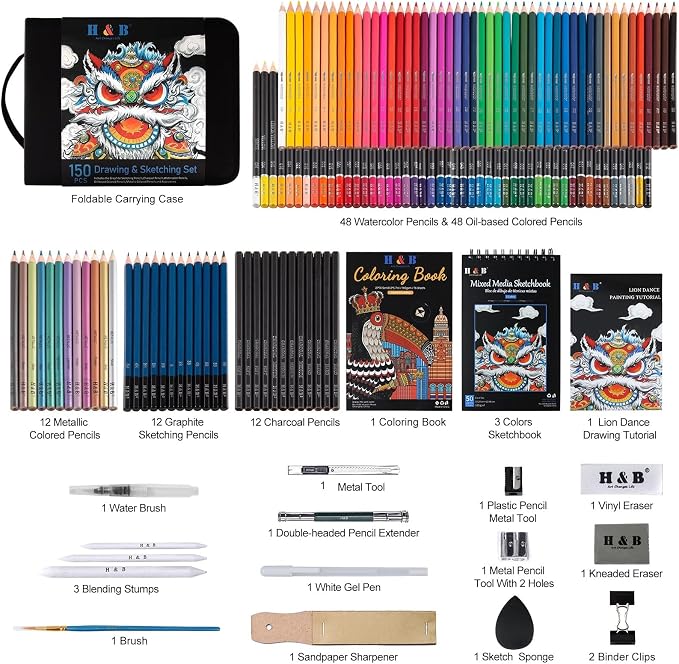 H & B 150PCS Drawing Pencils Set with Portable Zipper Bag – Professional Sketching & Art Supplies Kit with Sketchpad and Colored Pencils for Adults & Artists