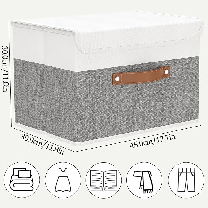 OUTBROS Storage Box with Lids, 17.7x11.8x11.8 inch (White/Grey, 3-Pack) | Foldable Linen Wardrobe Containers, Organiser For Towels, Clothes