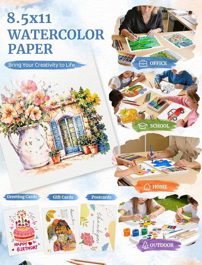 30 Sheets Watercolor Paper 8.5 x 11, Cold Press Watercolor Paper Bulk, 110 LB/230 GSM Water Color Paper Pad 8.5 x 11, Watercolor Supplies for Kids Adults, Paint Paper for Sketching, Acrylic, Gouache