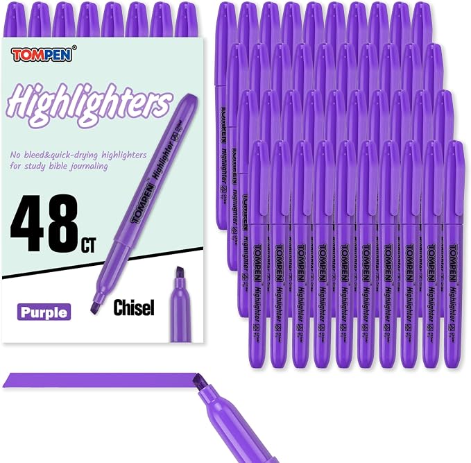 Highlighters Purple 48 Pack,Bible Highlighters No Bleed–Bulk Chisel Tip Highlighter Markers Set for School,Office,Study,Journaling–Smear-Free,Quick Dry–Fluorescent Pens for Teachers Students