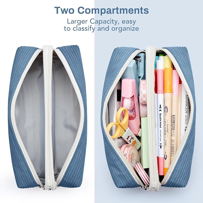 KALIDI Large Pencil Case Corduroy Pencil Pouch Box Cute School Supplies for Teen Girls Boys, Navy Blue