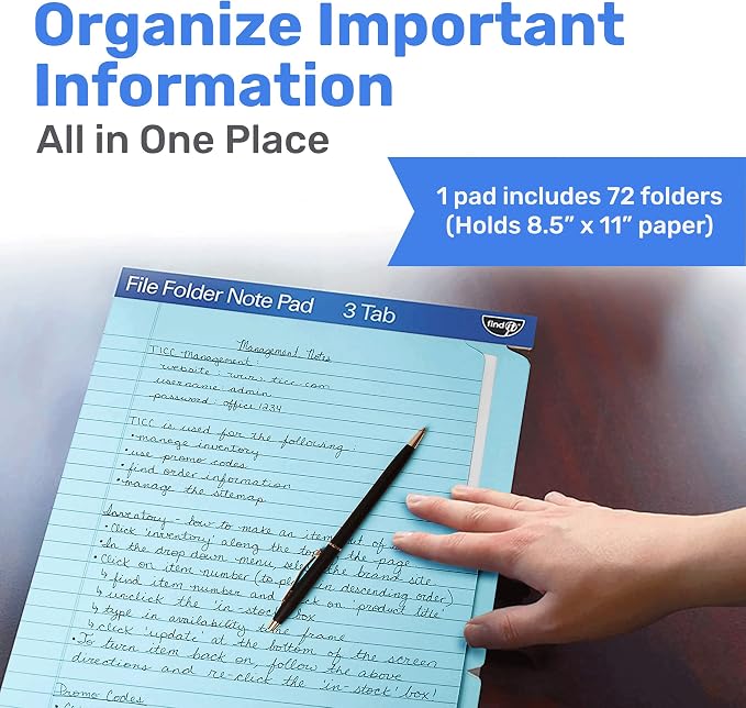 Find It File Folder Notepad, 72-Ct 3rd-Cut Tab Organizer Folders, Blue | Wide-ruled clipboard-style pages, front and back ruled, perforated tear-out sheets, office and school filing organization