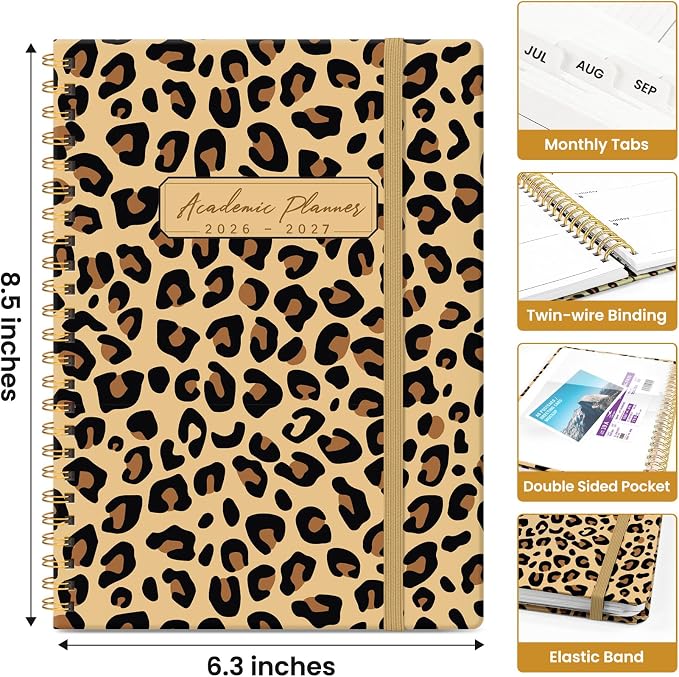 Planner 2026–2027, Weekly & Monthly Academic Organizer for School Year, Jul 2026–Jun 2027, Hardcover Planner with Tabs, Back to School Essential, 6.3" x 8.5", Leopard