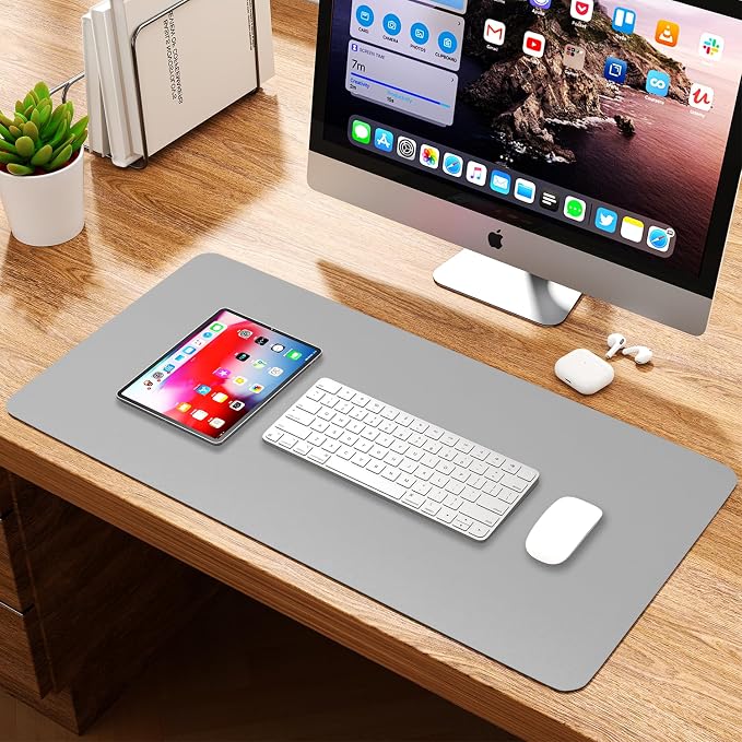 Leather Desk Pad Protector, Waterproof Mouse Pad, PU Desk Mat, Office Desk Cover, Desk Writing Mat for Office/Home/Work/Cubicle (Light Gray) 35.4x17 in