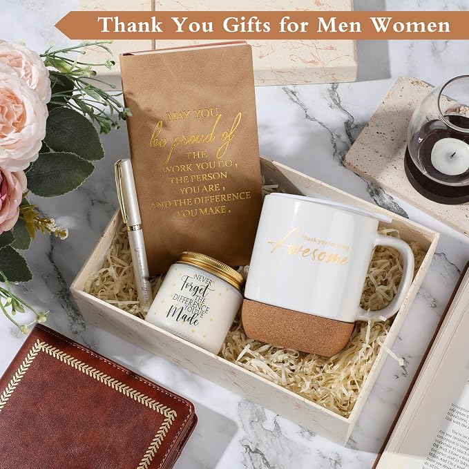Sayglossy 4 Pcs Thank You Gift Set for Women Men Back to School Teacher Appreciation Gift Leather Notebook Inspirational Coffee Mug Scented Candle Ballpoint Pen for Employee Coworker Nurse Boss, White