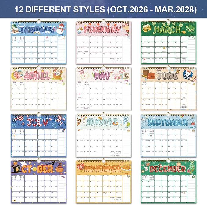 Vibrant Focus 2027 Calendar - 18 Monthly Wall Calendar, October 2026 - March 2028, 8.5" x 11", Calendar 2027 with Twin-Wire Binding, Hanging Hook, Blocks and Julian Dates(Calendar Seasonal)
