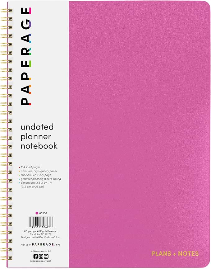PAPERAGE Undated Daily Planner & To Do List Notepad (Raspberry), 8.5 in x 11 in, Spiral Bound Planner Notebook for Work, School or Home, 104 Lined Pages With Date Tracker for Plans & Notes