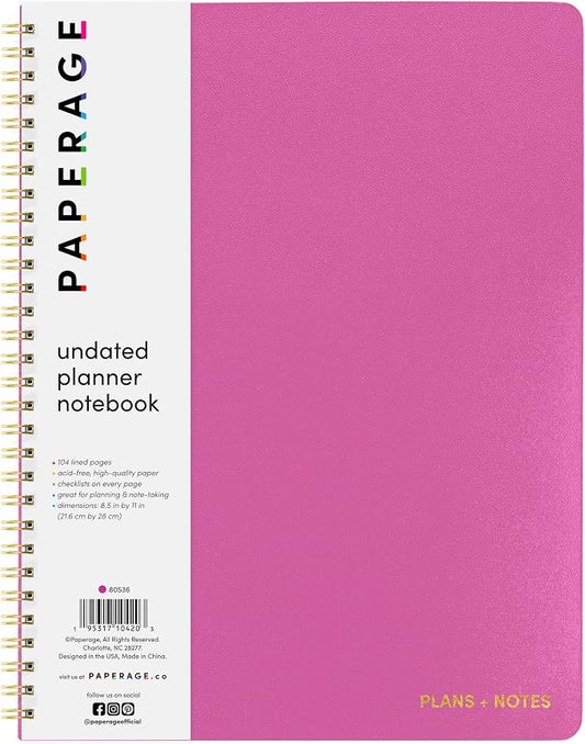 PAPERAGE Undated Daily Planner & To Do List Notepad (Raspberry), 8.5 in x 11 in, Spiral Bound Planner Notebook for Work, School or Home, 104 Lined Pages With Date Tracker for Plans & Notes