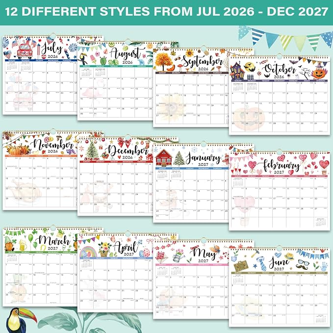 Calendar 2026-2027 - Wall Calendar 2026-2027, July 2026 - December 2027 Wall Calendars, 14.8'' x 11.6'', with Julian Dates, Hanging Hole, Thick Paper
