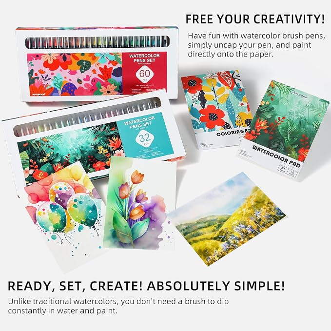 32 Watercolor Pens Set Includes 26 Vivid Colors, Real Brush Tips Paint Markers Set with 2 Blender Pens, Watercolor Pad and Coloring Pad, Art Supplies Gifts for Beginners Young Artists and Adults