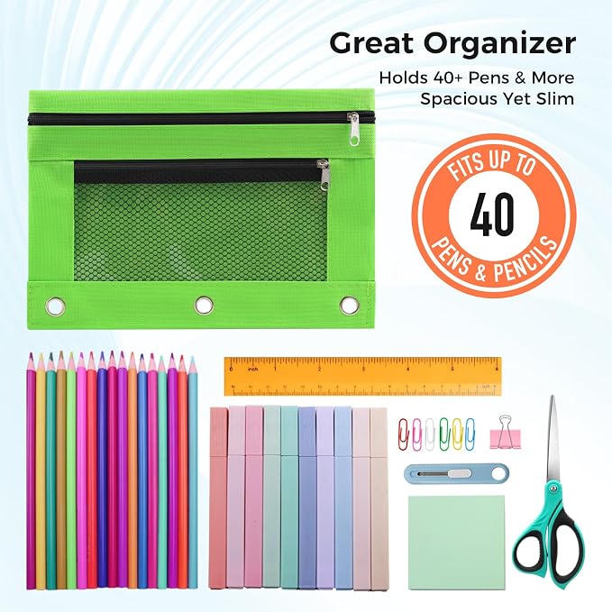 Pencil Pouch for 3 Ring Binder, Pencil Case Bag with Zipper, 600D Fabric Pencil Pouch Holder Accessories, Clear Window Pencil Case Aesthetic Back to School Organizer Pockets for Boy Girl (Green)