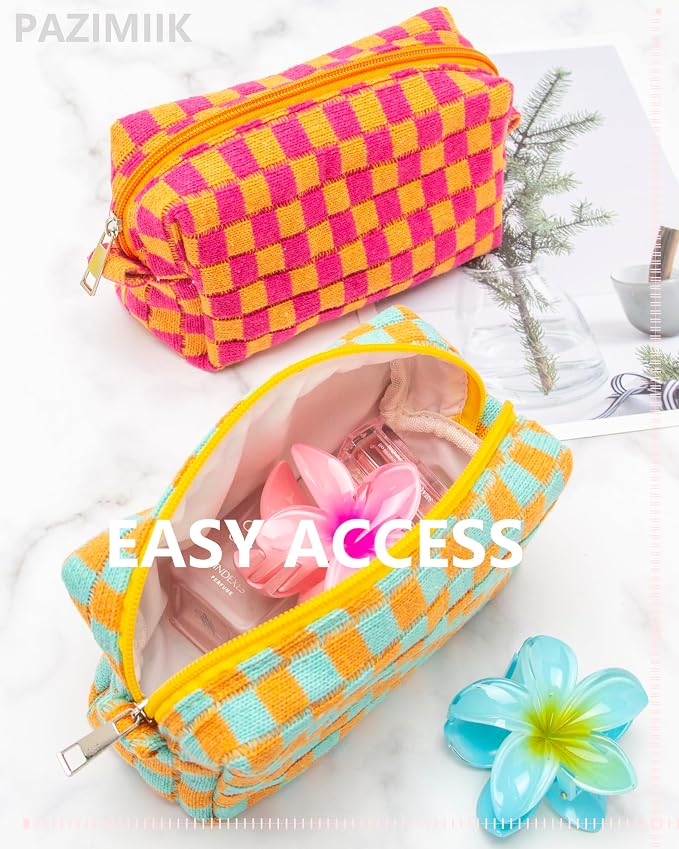 Checkered Makeup Bag for Purse, Small Cosmetic Pouch,Orange Green,6 Pack | Cute Zipper Makeup Organizer for Women, Travel Essentials, Toiletries, Makeup Brushes, Beauty Accessories&Bridesmaid Gifts