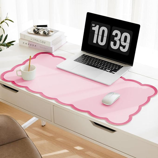 Scalloped Desk Mat, 31.5" x 15.7" Hot Double Pink Large Cute Aesthetic Desk Accessories, PU Leather Computer Laptop Desk Mouse Keyboard Pad, Desk Writing Mat for Vanity/Work/Home Decor Coral