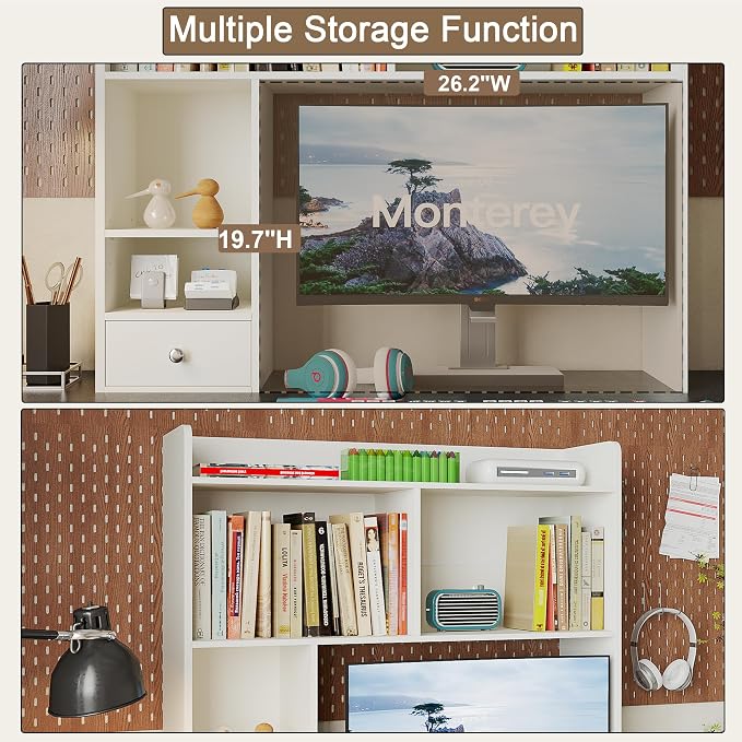 ChooChoo Desktop Bookshelf, 36.4" Tall Countertop Desk Hutch with 5 Shelves and 1 Drawer for Computer Desk, Desk Shelf Organizer for Dorm Office Home,White