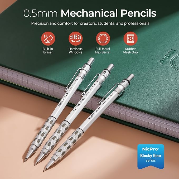 Nicpro 3 Pack Blocky Gear 0.5 mm Metal Mechanical Pencils Set with Case | Lead Drafting Pencil with 480PCS Lead Refills(HB 2B), 4 Erasers, 18 Eraser Refills for Art Writing, Sketching Drawing