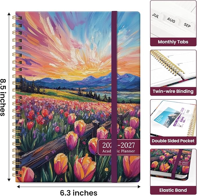 Planner 2026-2027, Academic Year Monthly and Weekly Calendar Planner, Jul 2026 - Jun 2027, Hardcover Teacher Student Planning Agenda book with Tabs, Perfect for School Office Supplies, 6.3" x 8.5" - Radiant Pastures