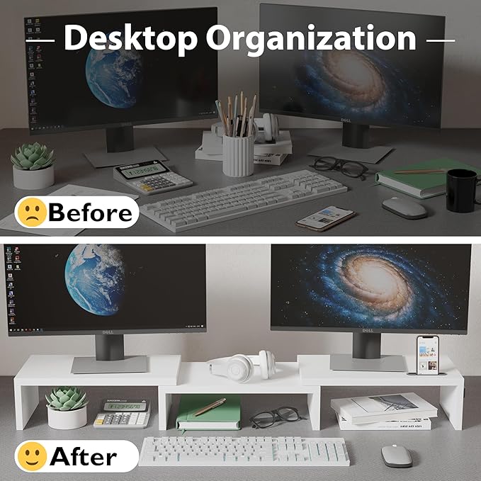 BONTEC Dual Monitor Stand Riser with Smartphone Holder, Adjustable Length & Swivel Angle, Ergonomic Wooden Desktop Organizer for PC Monitor, Laptop, Printer, Large Storage, 42.5 in, White