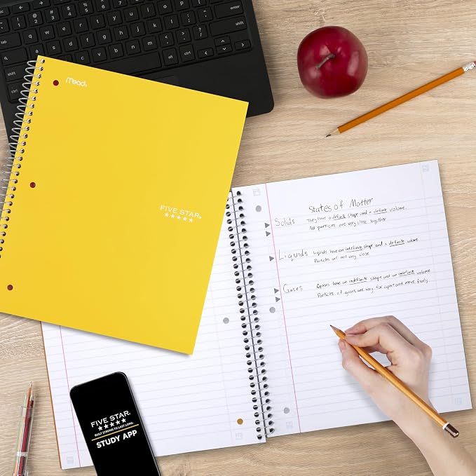 Five Star Spiral Notebook + Study App, 5 Subject, Wide Ruled Paper, 8" x 10-1/2", 200 Sheets, Fights Ink Bleed, Water Resistant Cover, Harvest Yellow (73469)