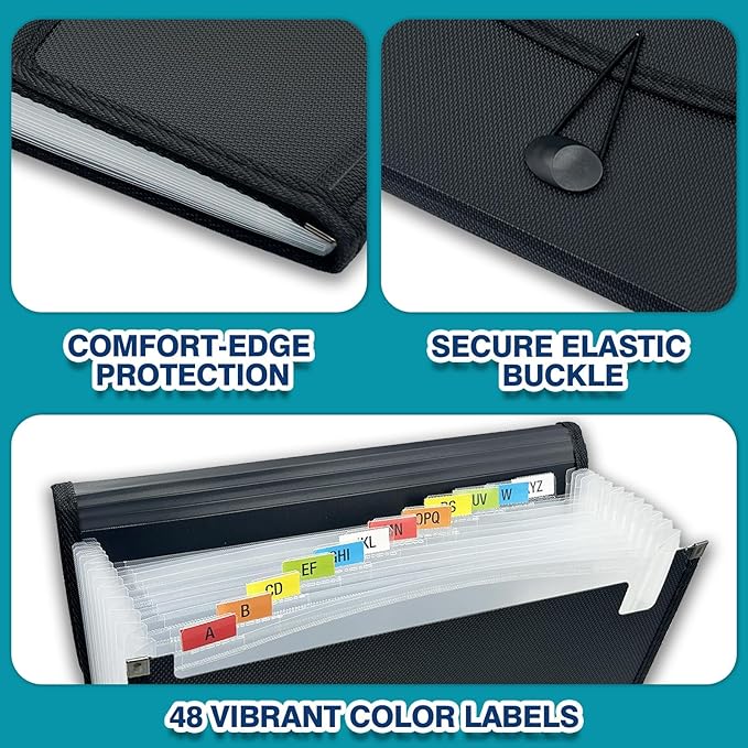 H4D 13-Pocket Accordion File Organizer, Expanding File Folder, Black | Extra Back Mesh Pocket, Letter Size Paper, Pre-Printed and Customizable Labels, Expandable Document Organizer
