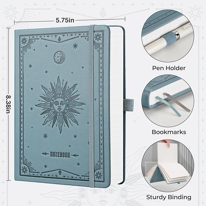 EMSHOI Lined Journal Notebook, 320 Numbered Pages, A5 Size (5.7'' x 8.3'') | Leather Hardcover, 100 GSM Thick Paper, for Women & Men, Journaling, Writing, Work & Office, Sun Debossed (Gray Blue)