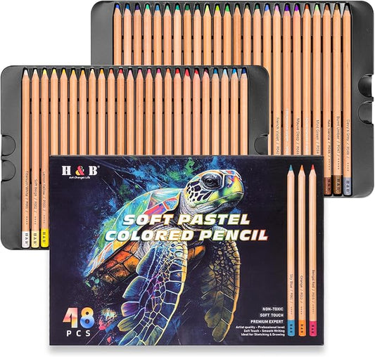 H & B 48 Soft Chalk Pastel Pencils for Artists & Adults | Pasteltint Pastel Colored Pencils, Vibrant Colors, Smooth Blendable Core, for Sketching & Coloring, in Durable Tin Case