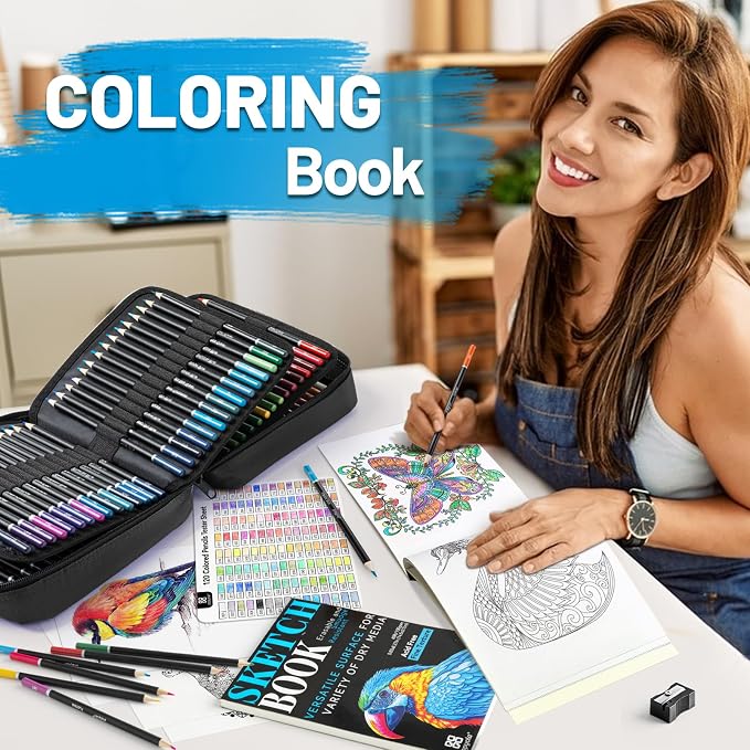 136 PCS Colored Pencils Set for Adult Coloring Books, 120 Colored Pencils with Sketchbook, Coloring Book, Sharpener, Soft Core Oil-Based Coloring Pencils for Artists Drawing Sketching Blending Shading