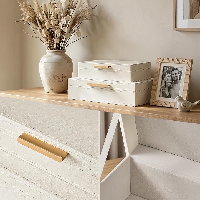 JARLINK Decorative Storage Boxes with Lids, PU Leather Bins, 2 Pack, White | Elegant Keepsake & Memory Boxes for Photos, Documents & Remotes, Premium PU Leather Organizers for Bookshelf & Home Decor
