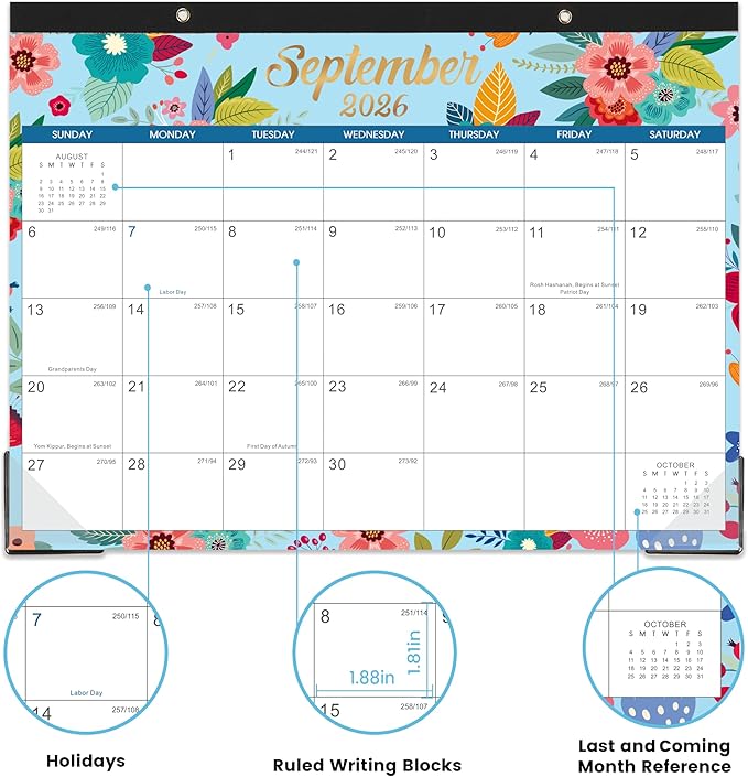 Desk Calendar/Calendar 2026-2027- Calendar 2026-2027, 12 Monthly Desk/Wall Calendar 26-27 Until December 2026,12" x 15", Thick Paper with Corner Protectors, Large Ruled Blocks - Floral